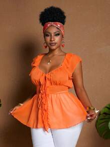 Maweii 大码性感蝴蝶结雪纺衬衫，休闲外出度假上衣 - 亮橙色 - 查看 4