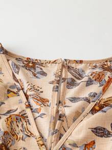 Breezaya Plus Size Women's Hot Selling Printed Summer Round Neck Shirt And Pants Vacation Two Pieces Set, Summer Leisure Vacation Set, Flower Print, Pocket Pants And Round Neck Back Design Two Pieces Set, Lace Up Shirt. - Multicolor - View 3