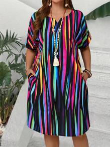 EMERY ROSE Plus Size Women Colorful Striped Short Sleeve Bat Wing Dress, Gifts For Mother,Summer Holiday,Vacation Outfits Women,Simple And Fashionable For Everyday Wear,Vacay Vibes,Springbreak,Casual Wear SS,Bohemia,Sun Dresses For Women