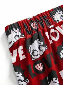 Betty Boop x SHEIN Conjunto de pijama de camiseta de manga corta con estampado de letras y figuras y pantalones cortos para tallas grandes de verano