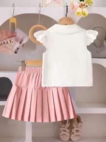 2pcs/Set Young Ladies Fashion 3D Butterfly Solid Color Blouse & Pleated Skirt Casual Summer Outfit - Pink - View 2