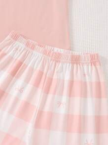SHEIN 2 Pieces Set For Teenage Girls - Black Top With Bow And Heart Plaid Pattern Shorts, Homewear - Pink - View 4