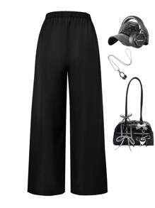 Sparklyn 1 pieza Pantalones anchos de cintura alta sueltos con estampado de lazo y decoración de encaje blanco para niña/adolescente, ropa de calle casual y elegante para primavera/verano