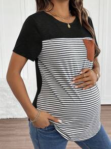 SHEIN Maternity Casual Striped Knitted T-Shirt With Pocket: Comfortable And Stylish Semi-Sheer Top With Round Neck And Short Sleeves For Everyday Wear