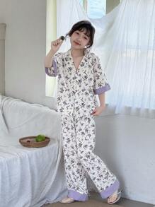 SHEIN Áo len cardigan cổ bẻ in hoa tay ngắn và quần dài Bộ đồ ngủ dệt thoải mái cho bé gái tuổi mới lớn - Bụi tím - Xem 7