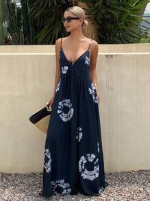 Livesso Tie-Dye Print Spaghetti Strap Dress For Women With Drawstring Vacation Outfits Women Cruise Outfit For Women - Navy Blue - View 6