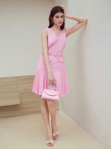 MOTF STUDIO LINEN BELTED RUFFLE HEM DRESS - Pink - View 5