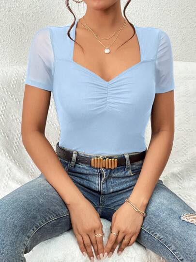 SHEIN Privé 女式夏季休闲纯色短袖褶饰鸡心领T恤