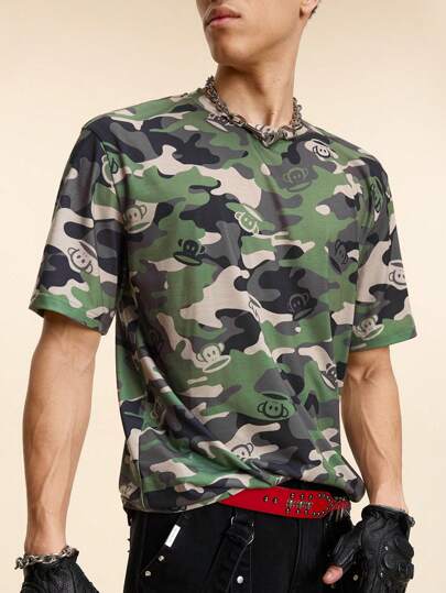 Paul Frank X SHEIN Men's Camo & Cartoon Print Round Neck Short Sleeve T-Shirt, Suitable For Summer