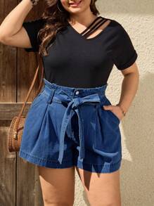 EMERY ROSE Plus Size High Waist Relaxed Casual Denim Shorts - Dark Wash - View 1