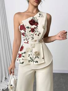SHEIN Clasi 1 件女士不对称荷叶边腰长裤派对两件套 - 杏色 - 查看 6