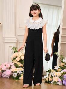 Tween Girls' Fashion Elegant Color Block Lace Collared Ruched Frill Trim Sleeveless Jumpsuit, Spring/Summer - Black and White - View 6