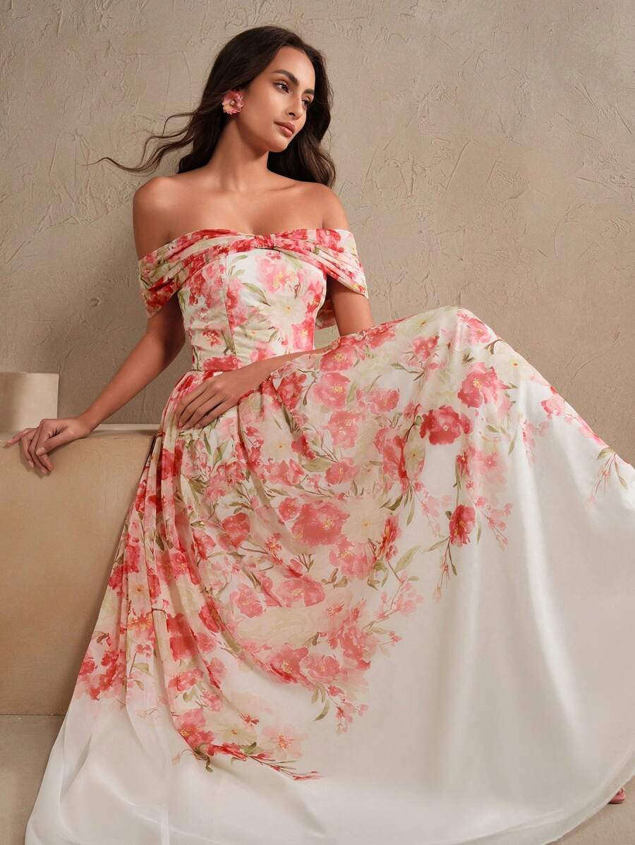 Anewsta 女士优雅浪漫花卉印花落肩长裙，适合约会、老派夏季服装、春夏季度假、节日、假日、沙滩装 - 彩色 - 查看 1