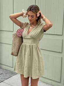 SHEIN Frenchy Women's Backless Lace Twist Cutout Puff Sleeve Mini Dress, Fashion Bow Dress Summer Green Christmas Beach - Green - View 2