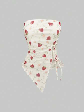 ROMWE Kawaii Strawberry Print Asymmetric Hem Summer Tube Top, Y2K Style, Mesh Fabric