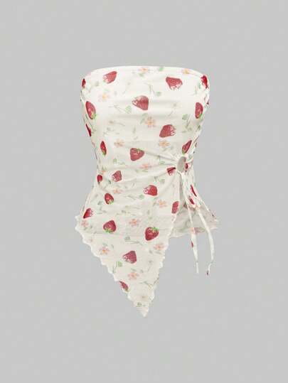 Kawaii Strawberry Print Asymmetric Hem Summer Tube Top, Y2K Style, Mesh Fabric