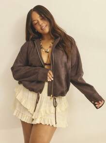 Aralina Curve Suedette Zip Up Drawstring Waist Cropped Fit Business Casual Woman Bomber Jacket - Coffee Brown - View 1