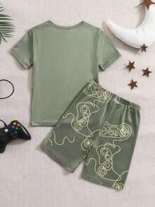 Tween Boy 橄榄绿针织条纹游戏图案圆领短袖上衣和短裤两件套睡衣套装，春夏 - 墨綠色 - 查看 2