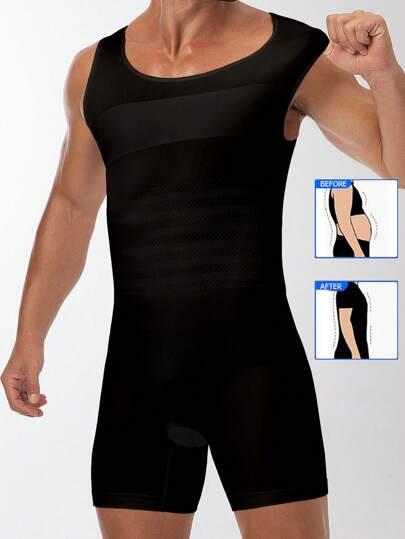 SHEIN Mono elástico de verano con cuello redondo en unicolor que da forma al Body para hombres
