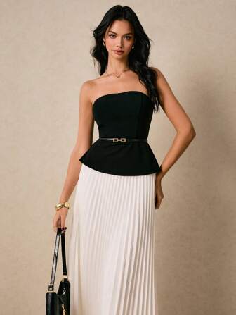 Poéselle 女士两件套西装黑色上衣和优雅百褶裙，度假套装，优雅女士套装，老钱风格女士，度假两件套，女士夏季服装