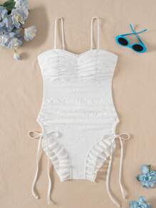 DAZY Women's Solid Color Shirred Drawstring Spaghetti Strap Beach Vacation One Piece Swimsuit, Summer - White - View 6