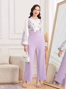 SHEIN Leap Crew 2pcs/Set Teen Girls Pattern Purple & White Floral Ruffle Sleeve Shirt With Faux Pearl Button & Pants - Purple - View 4