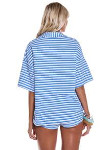 MUSERA Cute Velour Stripe Oversized Button Up Short Sleeve Shirt For Spring Summer Vacation Beach Holiday Sailored By The Sea Co-Ord Set Festival Ibiza Oversized Shirt