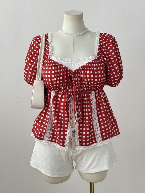 Sunspun Plus Size Summer Casual Plaid Lace Trim Blouse