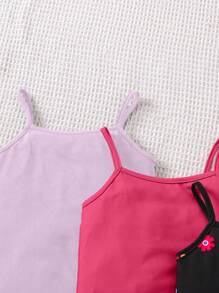 SHEIN 3件套：纯色针织吊带连体衣针织花朵图案休闲连体衣年轻女孩合身针织休闲连体裤 - 紫色 - 查看 7