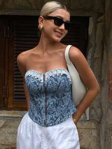 DAZY 女式夏季时尚提花蕾丝边抹胸牛仔衬衫 - 藍色 - 查看 6