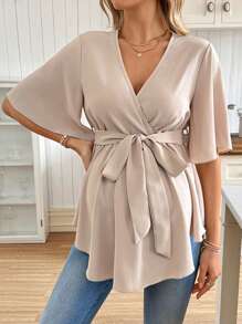 SHEIN V-Neck Ruffle Maternity Blouse With Belt