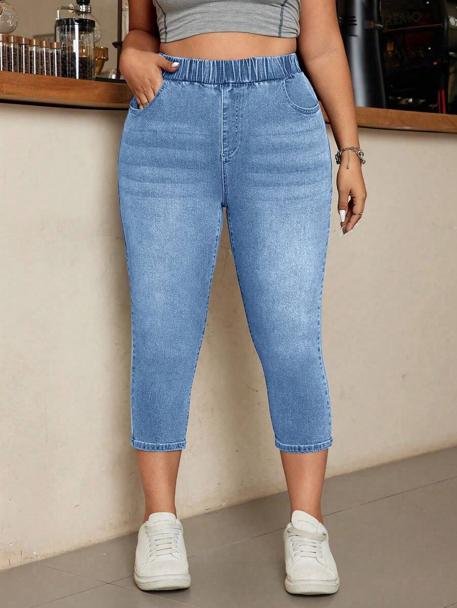 SHEIN EZwear Plus Size Casual Washed High Waisted Skinny Jeans - Light Wash - View 1