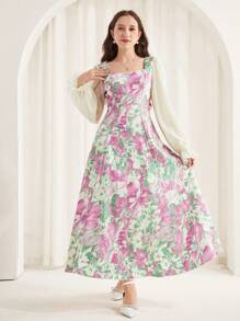 SHEIN Leap Crew Teen Girl Pink Woven Flower Printed Puff Sleeves, Spring And Summer, Elegant Vacation, Festival,Floral Patchwork Ruffle Sleeve Sweetheart Neckline Dress - Pink - View 1