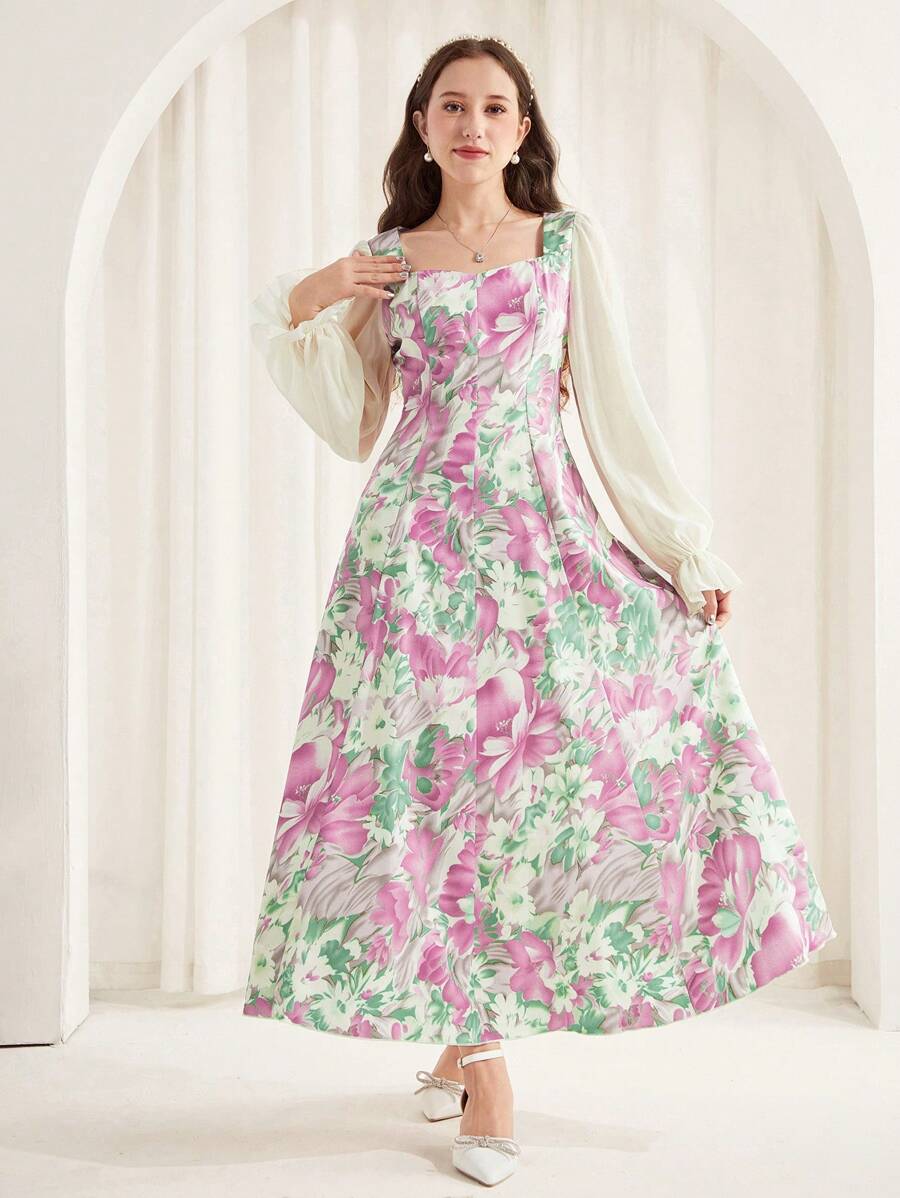 SHEIN Leap Crew Teen Girl Pink Woven Flower Printed Puff Sleeves, Spring And Summer, Elegant Vacation, Festival,Floral Patchwork Ruffle Sleeve Sweetheart Neckline Dress - Pink - View 1