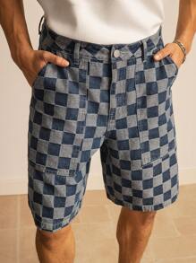 Manfinity VCAY 常规款男士时尚休闲宽松格子蓝色提花牛仔短裤 - 中等水洗藍 - 查看 3