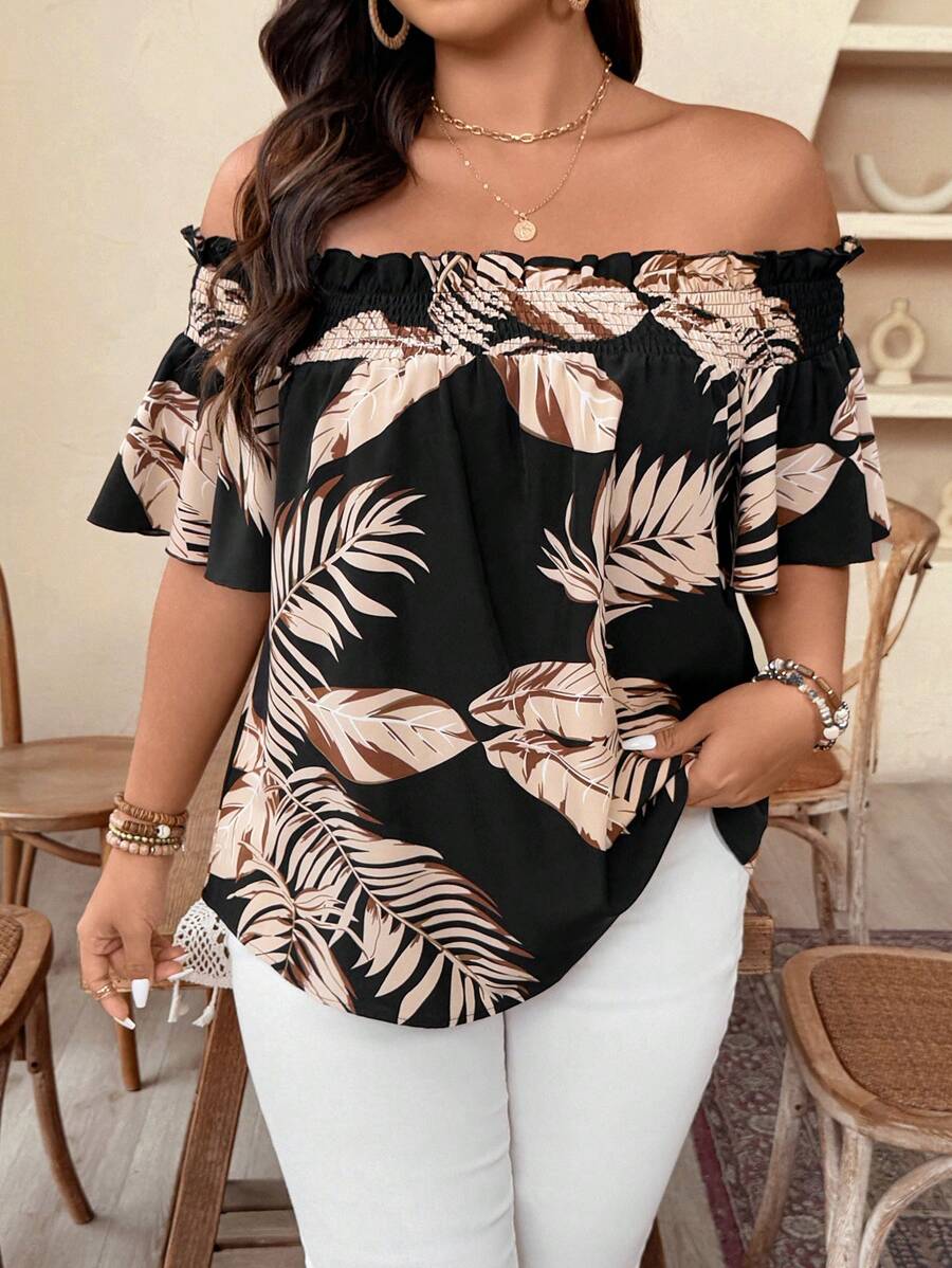 Weeklong Elegante Bluse mit Tropical Plant Muster und Carmen-Ausschnitt für Damen in Große Größen - Verschiedenfarbig - Übersicht 1
