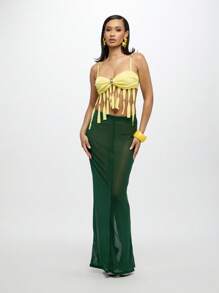 SUMWON WOMEN 透视网眼长裙及地长款节日晚会特殊场合透明覆盖长裙优雅个性单品戏剧派对俱乐部服装 - 墨綠色 - 查看 7