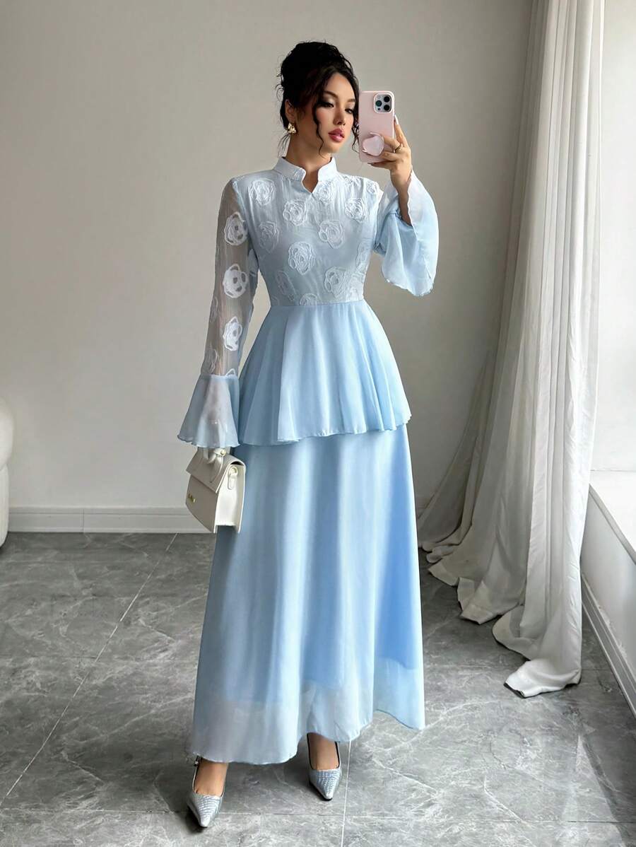 Modelyn Women's V-Neck Flared Sleeve Waist Cinching Slim Fit Chiffon Dress Fall Cloth For Women - Blue - View 1