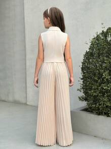 SHEIN Nova Glow Tween Girls' Urban School Style V-Neck Sleeveless Vest Top And Wide Leg Pleated Long Pants Set