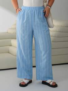 SHEIN EZwear Pantaloni a gamba ampia a righe blu e bianche in taglie grandi, adatti per la primavera/estate