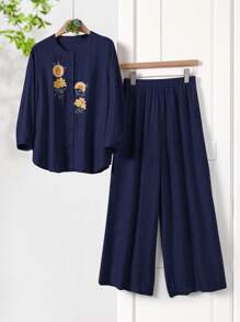 Rusticease 2pcs Women Vacation Casual Flower Embroidered Blouse & Pants Set,Summer Sets