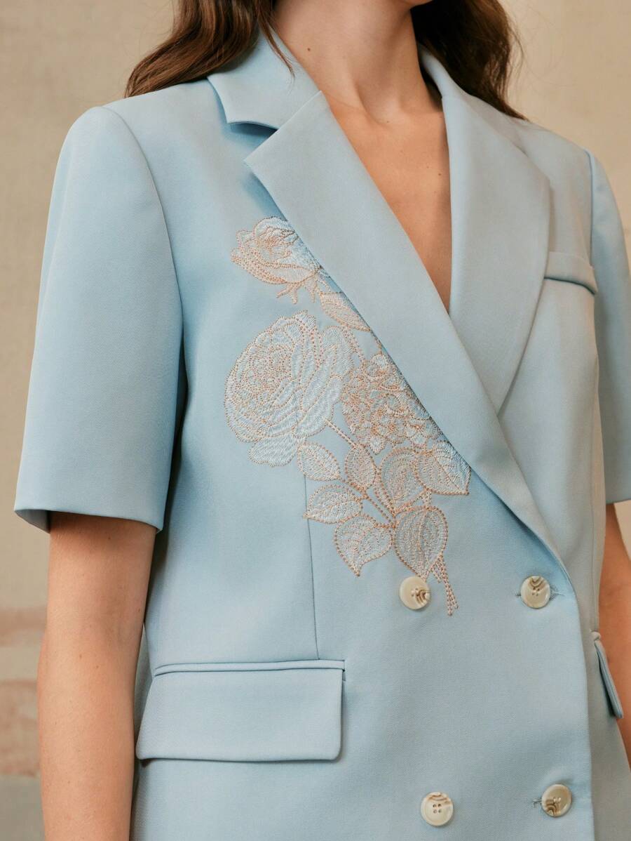 Anewsta Elegant, Floral Embroidery Short Sleeve Women Blazer - Spring, Summer, Business Casual, Classic - Blue - View 1