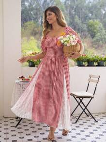 KURAYIA Damen Große Größen Lässig Kleid mit Puffärmeln, Karomuster, Spitze und Netzeinsätzen in Knielänge, eleganter vintage Blumen Romantik Stil, weich & bequem für den Sommer