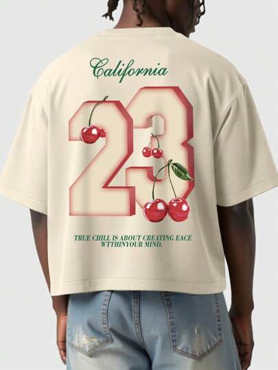 Prep Men's Y2K Streetwear US City Name Slogan & Cherry Fruit Print Short Sleeve T-Shirt, Suitable For Spring And Summer Daily Wear