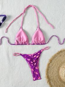 SHEIN Swim Heart Print Twist Front Halter Neck Bikini Swimsuit - Hot Pink - View 3