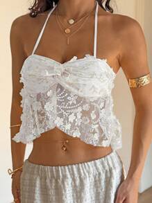 Sunnyshic Top con cuello halter de espalda abierta con decoración floral 3D de lentejuelas, sexy para el verano