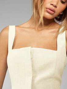 MISSGUIDED 亚麻质感方领无袖迷你连衣裙，非常适合夏季婚礼宾客海滩度假派对早午餐优雅晚会优雅设计师时尚 - 黃色 - 查看 6