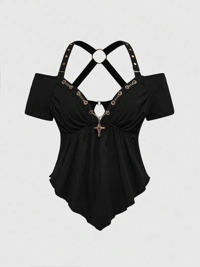 J-Fashion Women's Y2K Subculture Chain Cross Hollow Sleeve T-Shirt