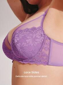 LUVLETTE Plus Soft Woman Lingerie Lounge Curve Sheer Full Coverage Support&Breathable Underwire Sexy Unlined Minimizer Lace Elegance & Mesh Purple Bra Bridal Intimates