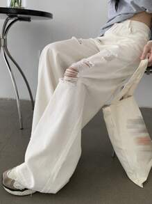 DAZY Women Casual Versatile Solid Color Distressed Denim Jeans,Baggy Jeans